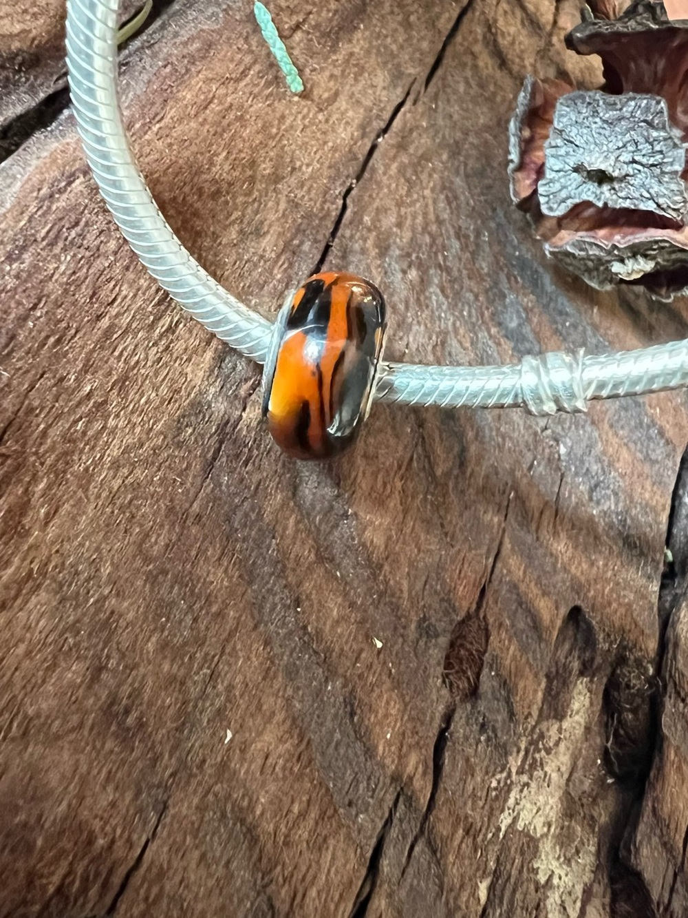 Chamilia Murano Glass Charm Orange Swirl Brown Fall Cinnamon Black Swils